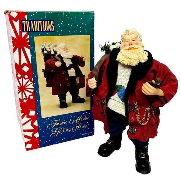 Traditions GOLFING SANTA CLAUS Fabric Mache St. Nicholas Vintage Christmas Golf - Picture 1 of 16